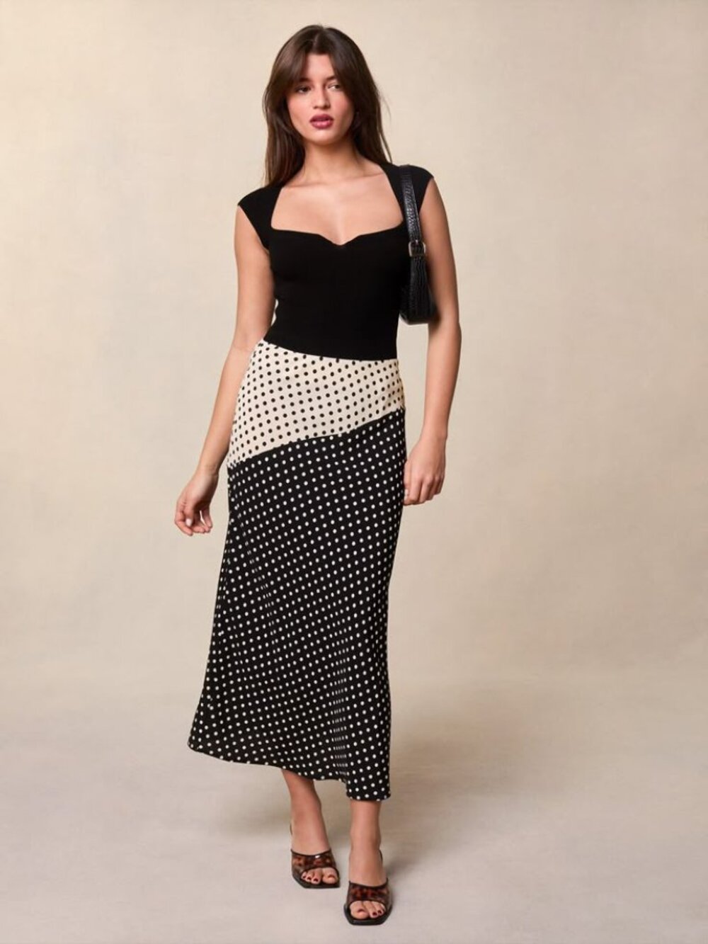 Rouje SUZANNE skirt  Two-Tone Polka Dot Midi Skirt Black White